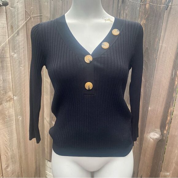 WHISTLES Button Detail Ribbed Sweater in black size - Picture 6 of 11